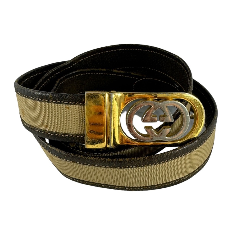 GUCCI Brown Leather/Beige Nylon GG Reversible Gold & Silver Buckle Belt